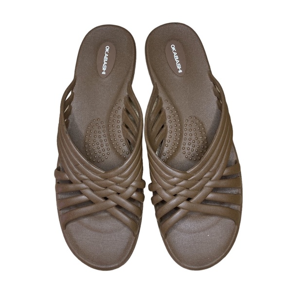 Okabashi Venice Jelly Slides Woven Straps Sz L Chocolate Brown Made in USA - Picture 2 of 8